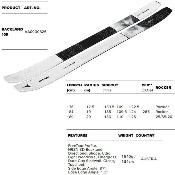 アトミック スキー板 2026 BACKLAND 109 スキー板 単品 (板のみ